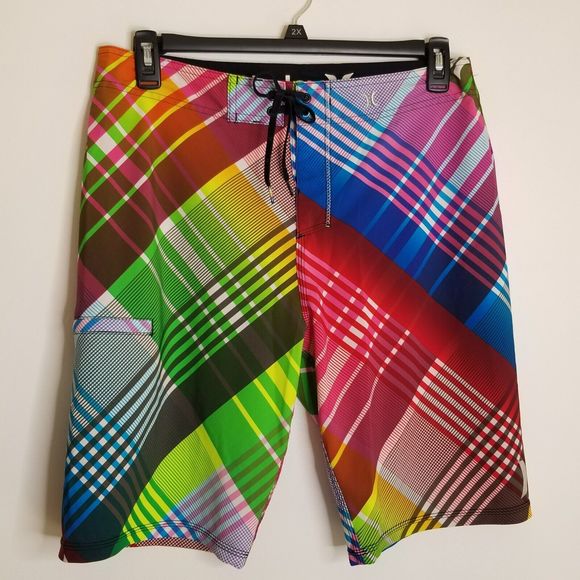 Hurley Mens Board Shorts 32 Plaid Phantom Swim Surf Zipper Pocket Inseam 11 - Picture 1 of 12